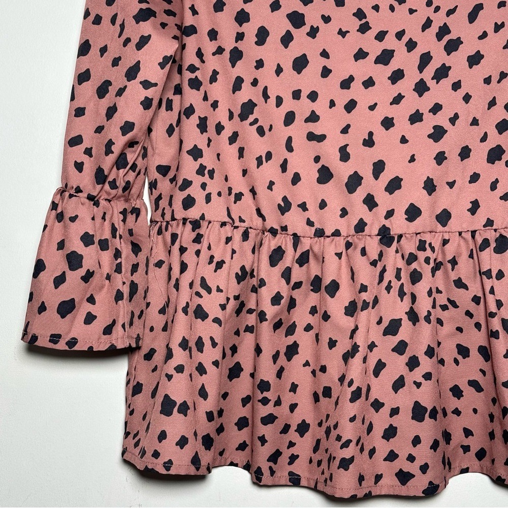 Pink Dalmatian Print Peplum Top Ruffle 3/4 Sleeve Keyhole Back XS US 2 - Picture 2 of 9